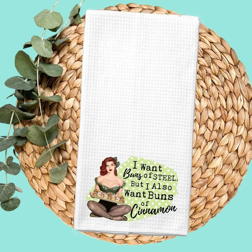 Retro Pinup Girl Waffle Weave Kitchen Towel Buns of Steel Cinnamon White Humor